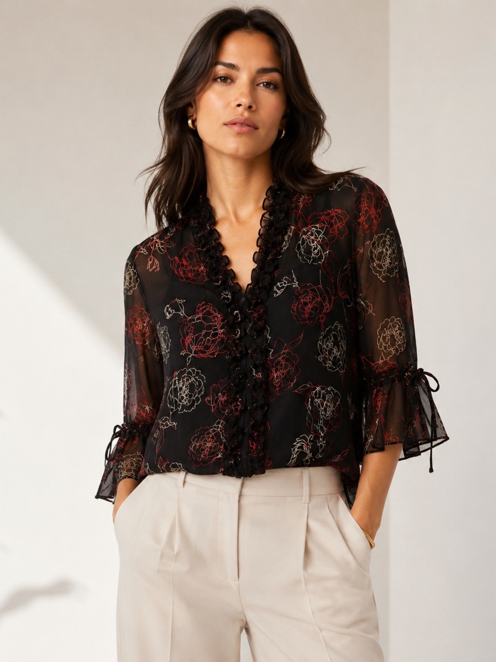 100% Silk Floral Ruffle Blouse Career Office Top